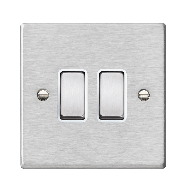 Hamilton Hartland Satin Stainless 2 Gang 10AX 2W Rocker Switch with Satin Stainless Inserts and White Surround
