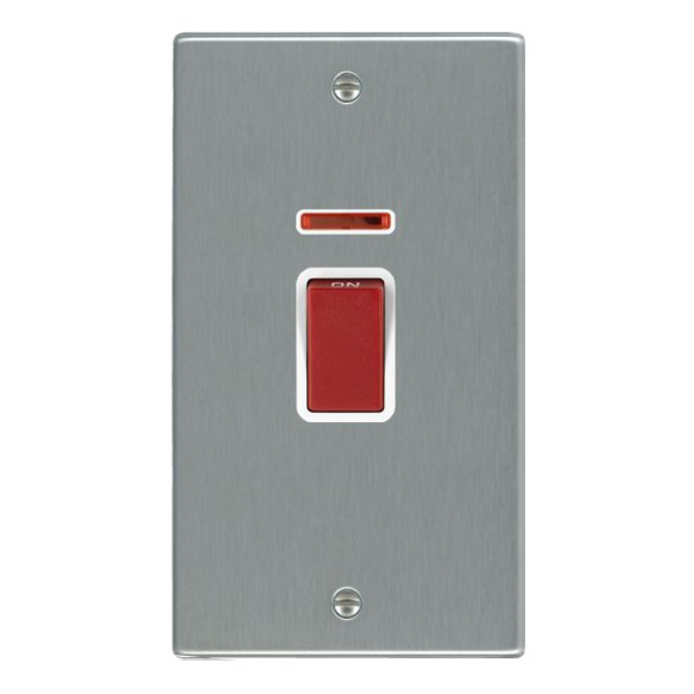 Hamilton Hartland Satin Stainless 1 Gang 45A Double Pole Red Rocker + Neon Vertical Mounted with White Surround