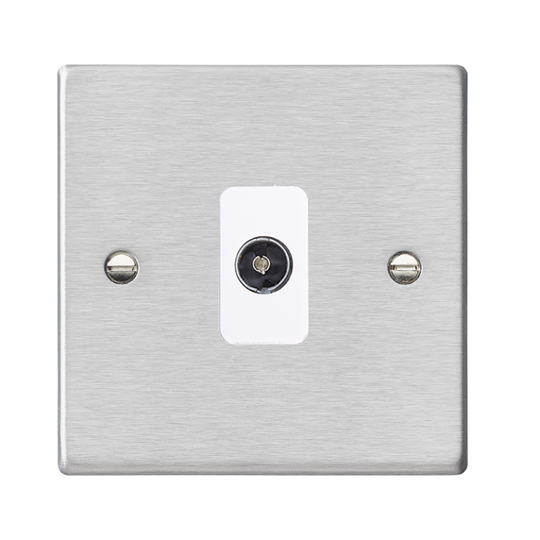 Hamilton Hartland Satin Stainless 1 Gang Non Isolated TV 1 In/1 Out Socket with White Inserts