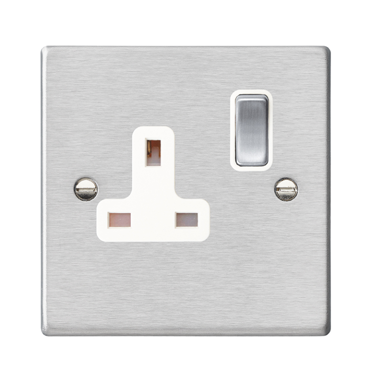 Hamilton Hartland Satin Stainless 1 Gang 13A Double Pole Switched Socket with Satin Stainless Inserts + White Surround