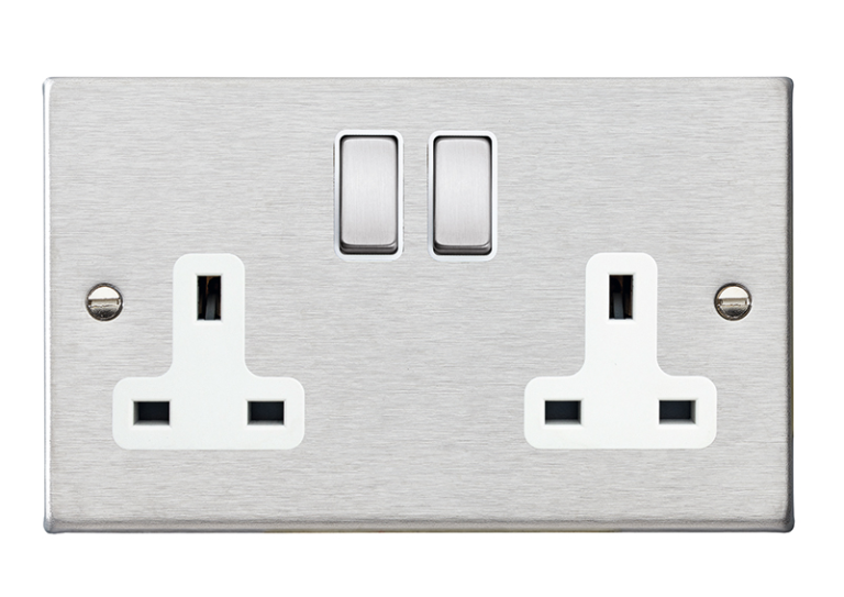 Hamilton Hartland Satin Stainless 2 Gang 13A Double Pole Switched Socket with Satin Stainless Inserts + White Surround