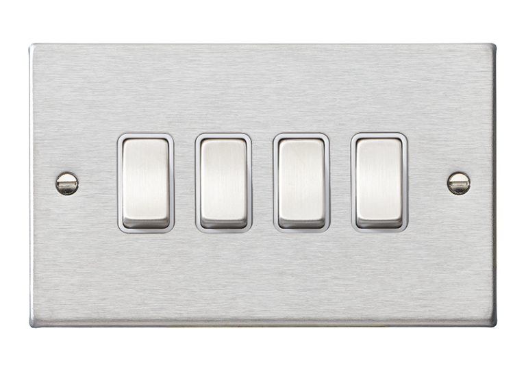 Hamilton Hartland Satin Stainless 4 Gang 10AX 2W Rocker Switch with Satin Stainless Inserts + White Surround