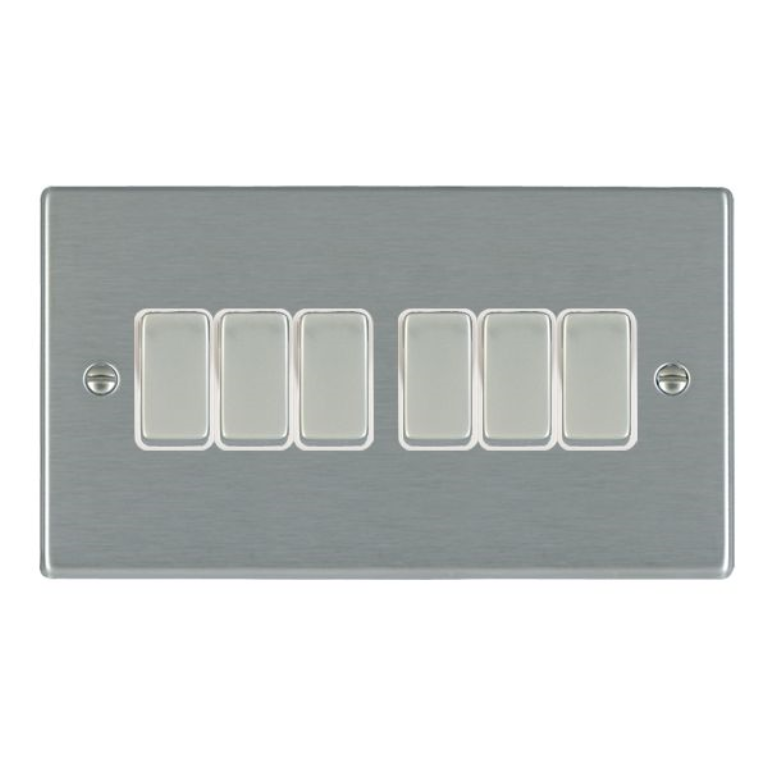 Hamilton Hartland Satin Stainless 6 Gang 10AX 2W Rocker Switch with Satin Stainless Inserts + White Surround