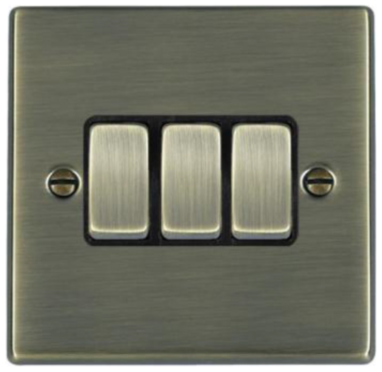 Hamilton Hartland Antique Brass 3 Gang 10AX 2W Rocker Switch with Antique Brass Inserts and Black Surrounds