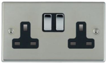 Hamilton Hartland Bright Stainless 2 Gang 13A Double Pole Switched Socket with Bright Chrome Inserts + Black Surround