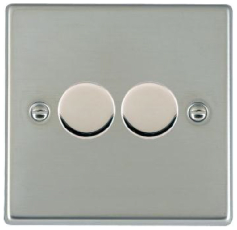 Hamilton Hartland Bright Stainless 2 Gang 400W 2 Way Leading Edge Push On/Off Resitive Dimmer