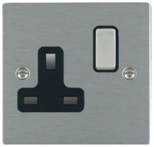 Hamilton Sheer Satin Stainless 1 Gang 13A Double Pole Switched Socket with Satin Stainless Inserts + Black Surround