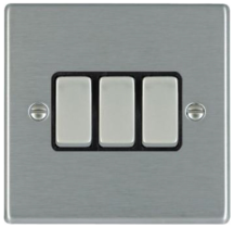 Hamilton Hartland Satin Stainless 3 Gang 10AX 2W Rocker Switch with Satin Stainless Inserts + Black Surround