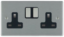 Hamilton Hartland Satin Stainless 2 Gang 13A Double Pole Switched Socket with Satin Stainless Inserts + Black Surround
