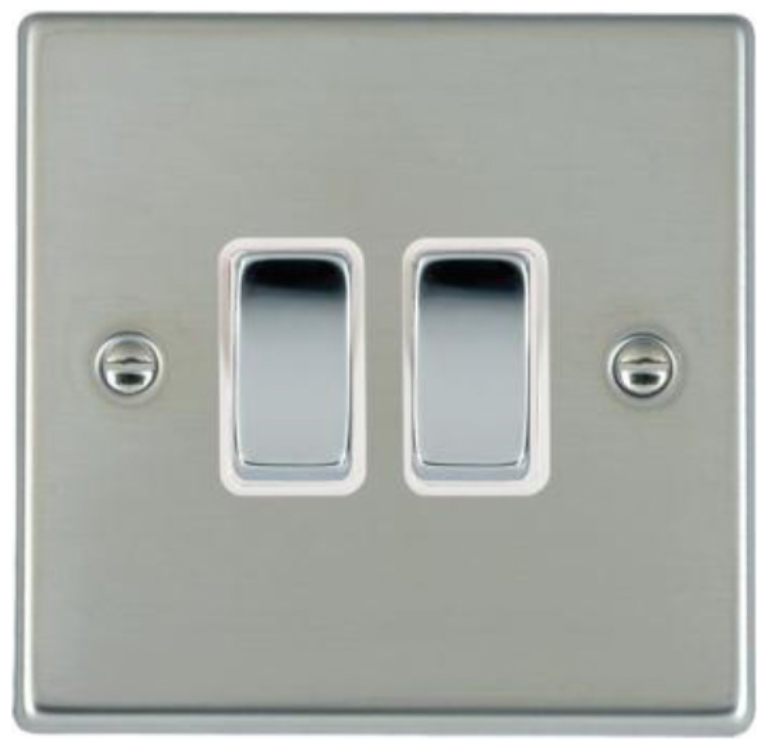 Hamilton Hartland Bright Stainless 2 Gang 10AX 2W Rocker Switch with Bright Chrome Inserts + White Surround