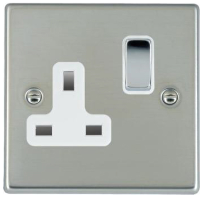 Hamilton Hartland Bright Stainless 1 Gang 13A DP Switched Socket with Bright Chrome Inserts + White Surround
