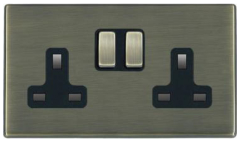 Hamilton Hartland CFX Antique Brass 2 Gang 13A Switched Socket - Double Pole with Antique Brass Insert and Black Surround