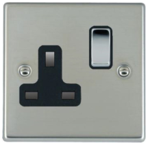 Hamilton Hartland Bright Stainless 1 Gang 13A Double Pole Switched Socket with Bright Chrome Inserts Black Surround