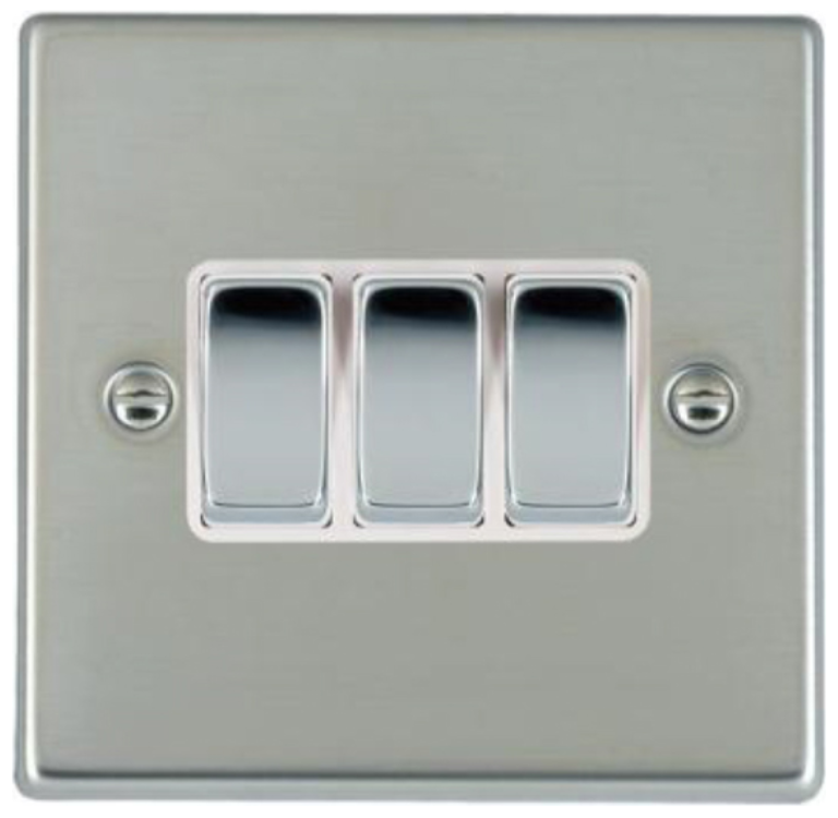 Hamilton Hartland Bright Stainless 3 Gang 10AX 2W Rocker Switch with Bright Chrome Inserts and White Surround
