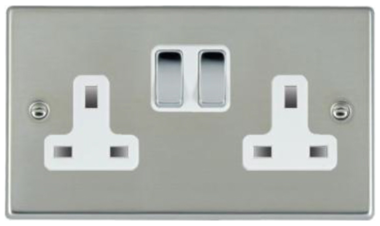 Hamilton Hartland Bright Stainless 2 Gang 13A Double Pole Switched Socket with Bright Chrome Inserts + White Surround