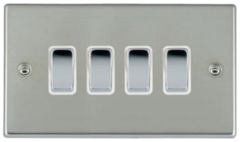 Hamilton Hartland Bright Stainless 4 Gang 10AX 2W Rocker Switch with Bright Chrome Inserts + White Surround