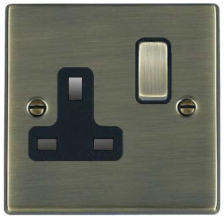 Hamilton Hartland Antique Brass 1G 13A Double Pole Switched Socket with Antique Brass Inserts and Black Surround