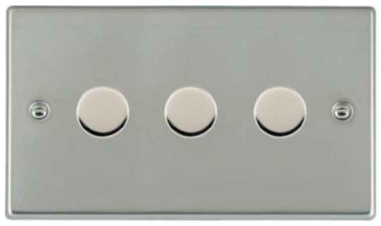 Hamilton Hartland Bright Stainless 3 Gang 400W 2 Way Leading Edge Push On/Off Resitive Dimmer