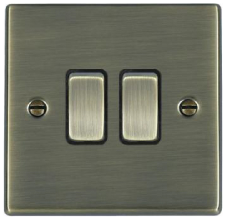 Hamilton Hartland Antique Brass 2 Gang 10AX 2W Rocker Switch with Antique Brass Inserts and Black Surrounds