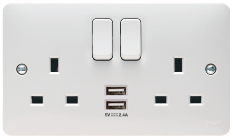Hager WMSS82USB USB Switched Socket Double Pole 2 x 13A