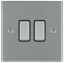 Hamilton Hartland Satin Stainless 2 Gang 10AX 2W Rocker Switch with Satin Stainless Inserts + Black Surround