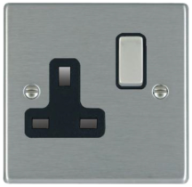 Hamilton Hartland Satin Stainless 1 Gang 13A Double Pole Switched Socket with Satin Stainless Inserts + Black Surround