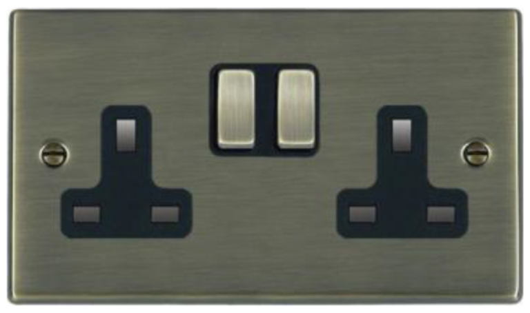 Hamilton Hartland Antique Brass 2G 13A DP Switched Socket with Antique Brass Inserts and Black Surround