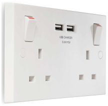BG White Square Edge 2 Gang Single Pole 13A Switched Socker with 2 x USB (3.1A)