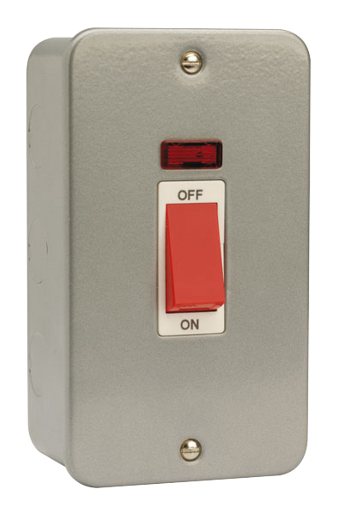 Red Switch 45A With Neon & Mounting Box, 2 Gang Vertical Metal Clad 