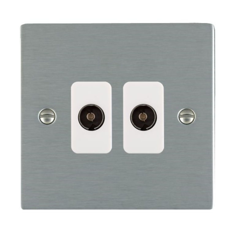 Hamilton Sheer Satin Stainless 2 Gang Non Isolated TV 2 In/2 Out Socket with White Inserts