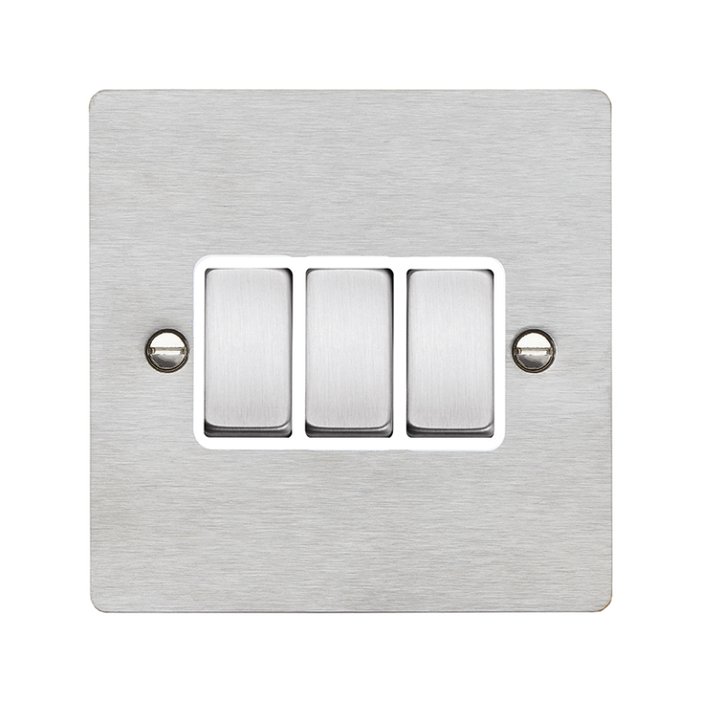 Hamilton Sheer Satin Stainless 3 Gang 10AX 2W Rocker Switch with Satin Stainless Inserts + White Surround