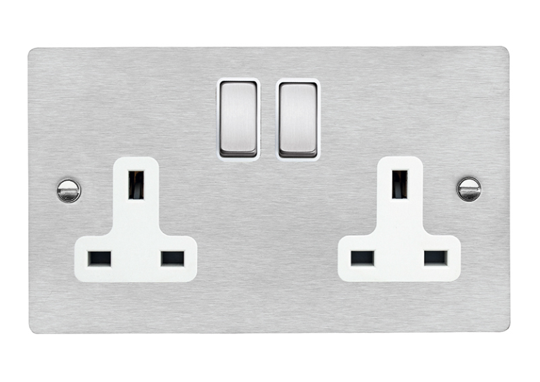 Hamilton Sheer Satin Stainless 2 Gang 13A Double Pole Switched Socket with Satin Stainless Inserts + White Surround