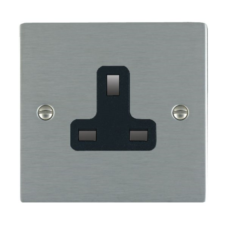 Hamilton Sheer Satin Stainless 1 Gang 13A Unswitched Socket with Black Plastic Inserts and Black Surrounds