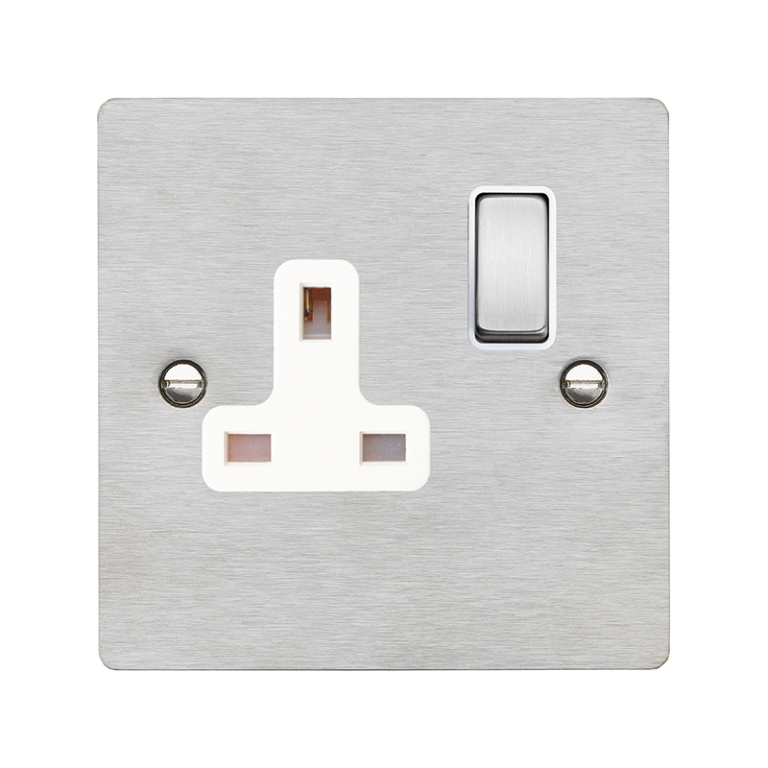 Hamilton Sheer Satin Stainless 1 Gang 13A Double Pole Switched Socket with Satin Stainless Inserts + White Surround