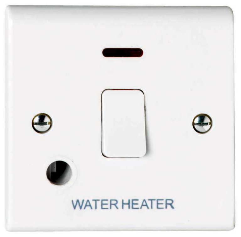 Deta S1393WH 20A Double Pole Switch with Neon & Flex Outlet, engraved WATER HEATER