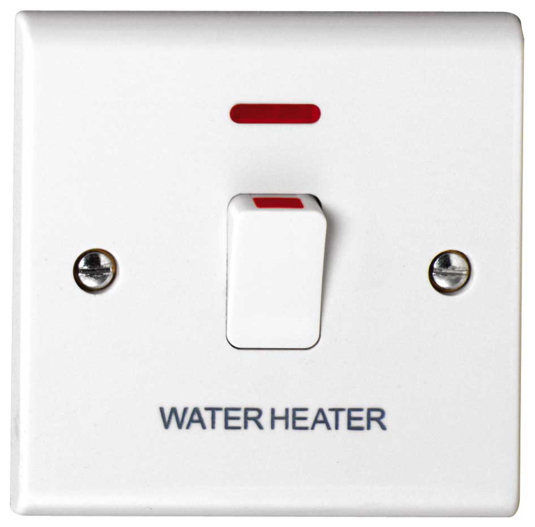 Deta S1391WH 20A Double Pole Switch with Neon, engraved WATER HEATER