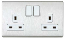 Aspect 13A 2G DP Switch Socket Dual Earth Brushed Stainless Steel White Insert