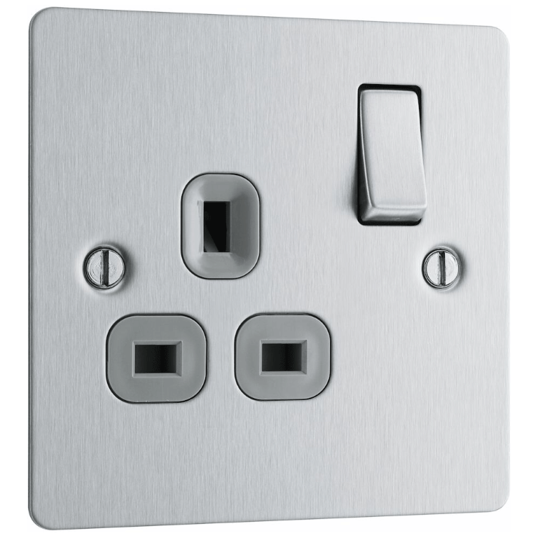 Flat Plate Switched Socket 13A 1 Gang Double Pole Brushed Steel