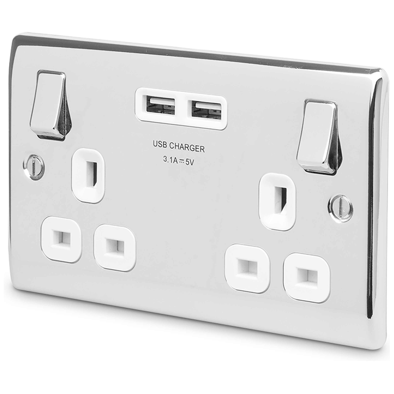 BG NPC22U3W 2G DP SWITCHED SOCKET OUTLET WITH USBs | POLISHED CHROME | WHITE INSERTS