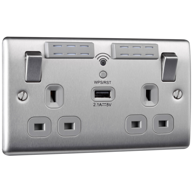 BG NBS22UWRG 2G SWITCHED SOCKET OUTLET WITH WIFI EXTENDER AND USB | BRUSHED CHROME | GREY INSERTS