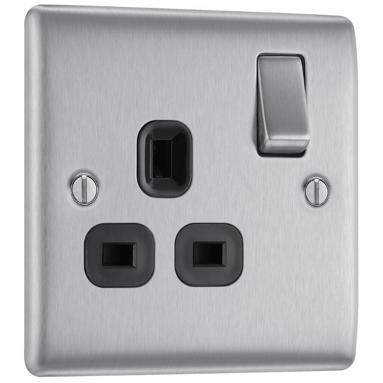 BG NBS21B 1G DP SWITCHED SOCKET OUTLET | BRUSHED CHROME | BLACK INSERTS