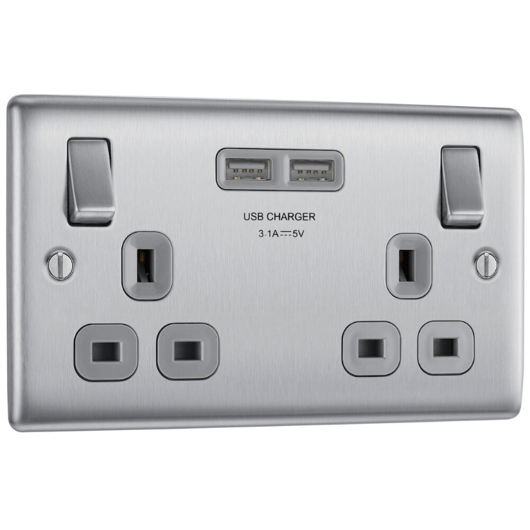 BG NBS22U3G 2G DP SWITCHED SOCKET OUTLET WITH USBs | BRUSHED CHROME | GREY INSERTS