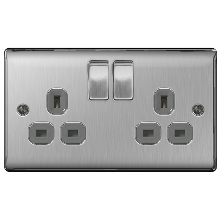 BG NBS22G 2G DP SWITCHED SOCKET OUTLET | BRUSHED CHROME | GREY INSERTS