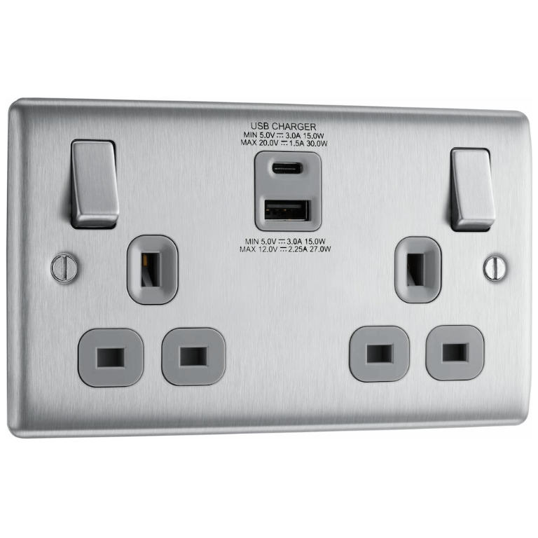 BG NBS22UAC30G-01 2G DP SWITCHED SOCKET OUTLET WITH TYPE A & C USB | BRUSHED CHROME | GREY INSERTS