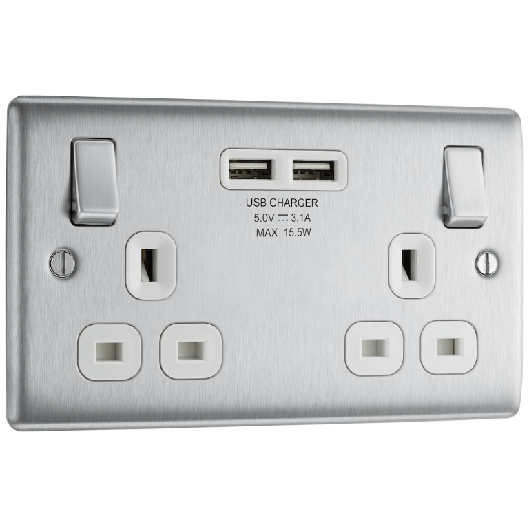 BG NBS22U3W 2G DP SWITCHED SOCKET OUTLET WITH USBs | BRUSHED CHROME | WHITE INSERTS