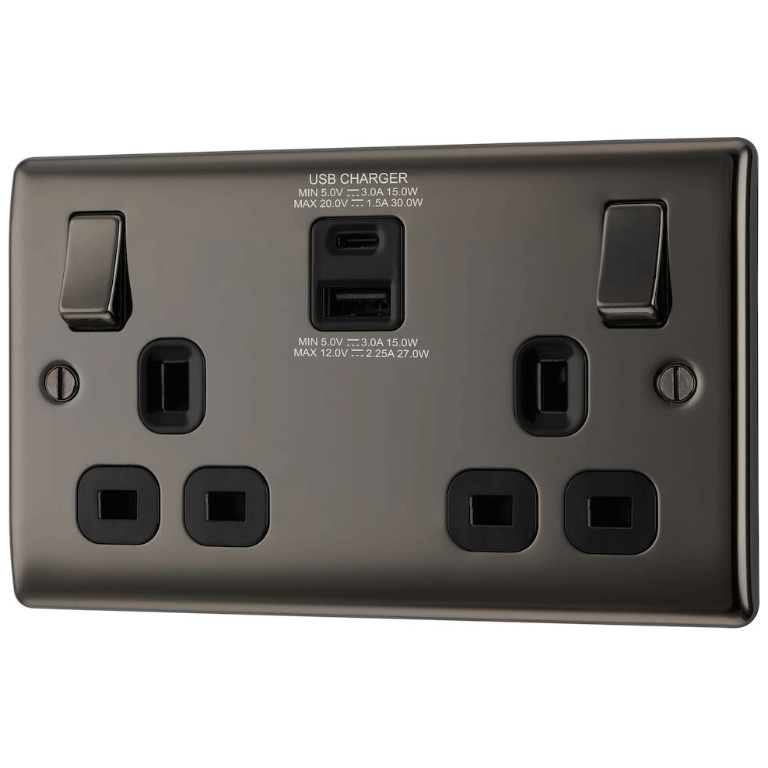 13A Switched Socket With USB A + C 30W Black Nickel