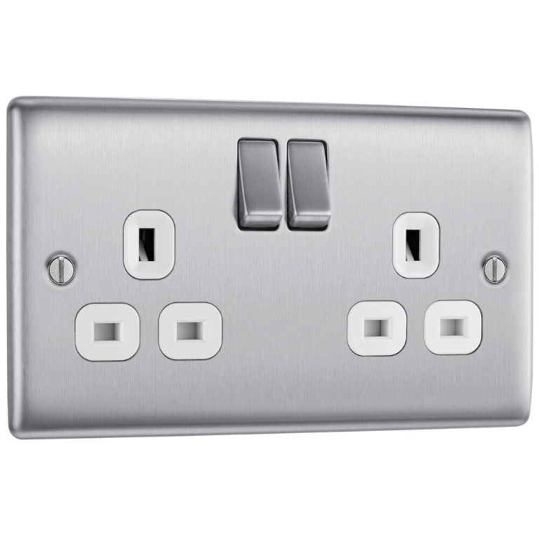 BG NBS22W 2G DP SWITCHED SOCKET OUTLET | BRUSHED CHROME | WHITE INSERTS