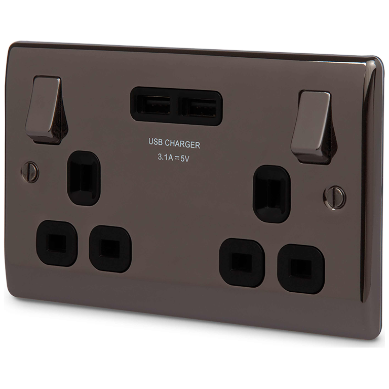 Nexus 2 Gang 13A Switched Socket With USB Black Nickel