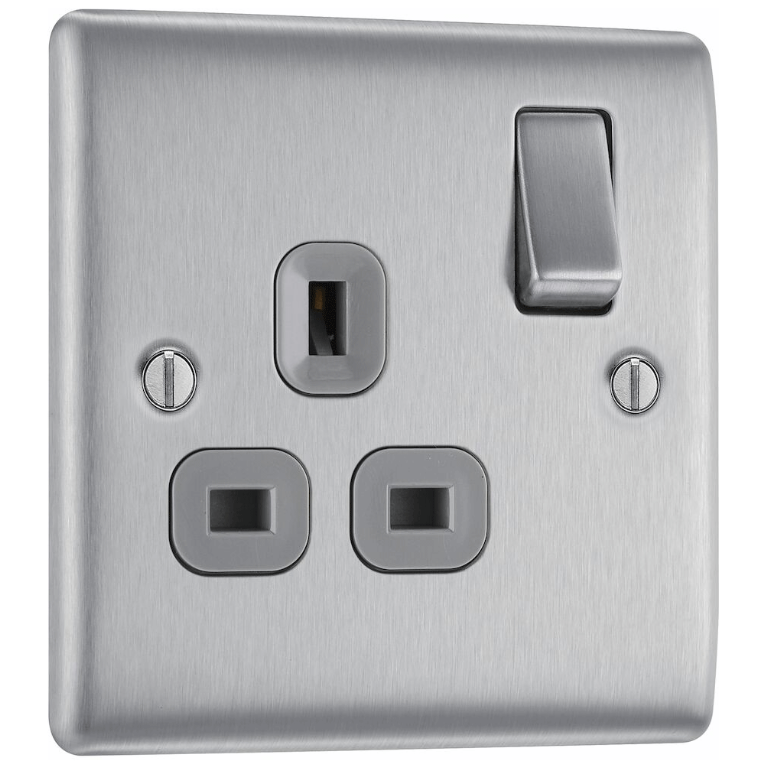 BG NBS21G 1G DP SWITCHED SOCKET OUTLET | BRUSHED CHROME | GREY INSERTS