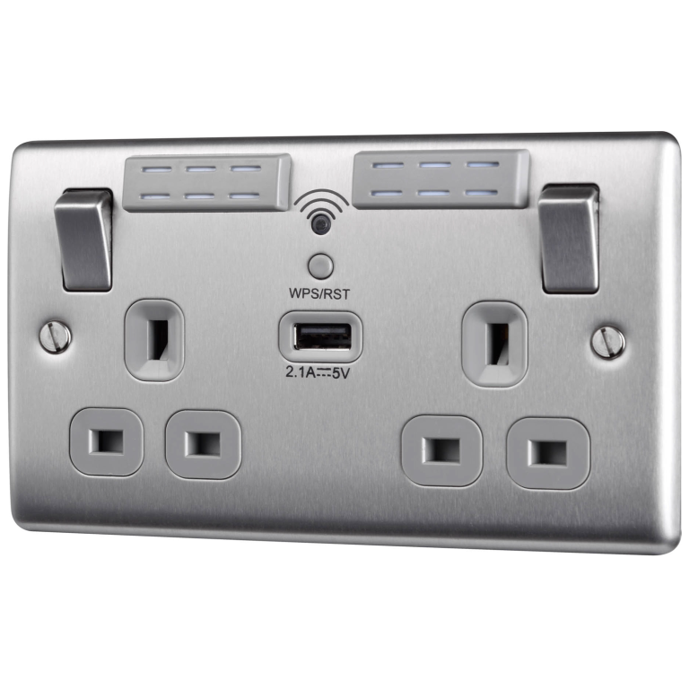 BG NBS22UWRG 2G SWITCHED SOCKET OUTLET WITH WIFI EXTENDER AND USB | BRUSHED CHROME | GREY INSERTS